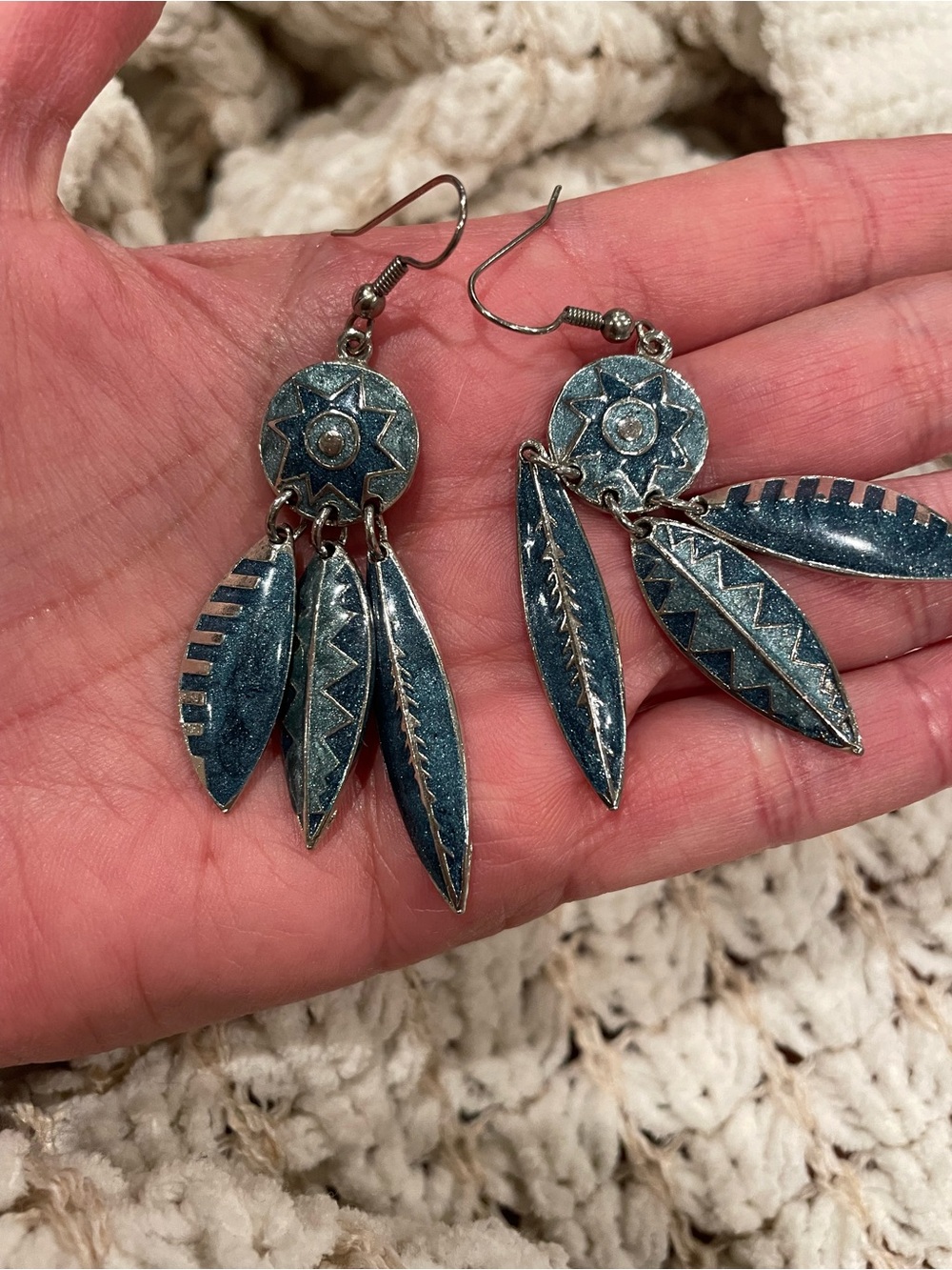 Handcrafted Blue Patina Feather Drop Earrings - Women Jewelry